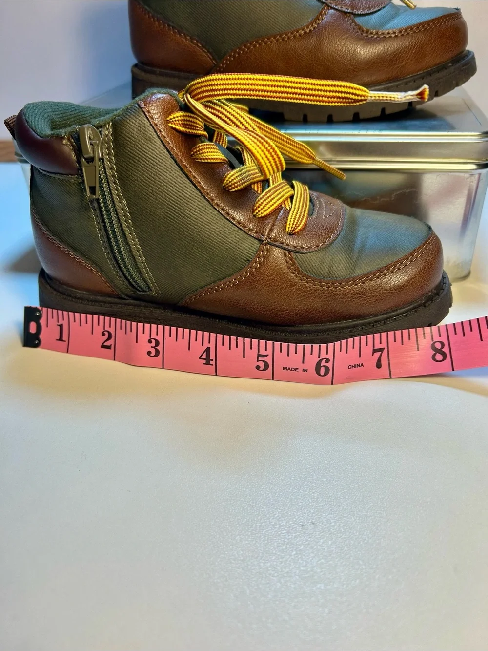 Carter's Olive and Brown Kids Hiking Boots with Yellow Laces, Toddler's 12M